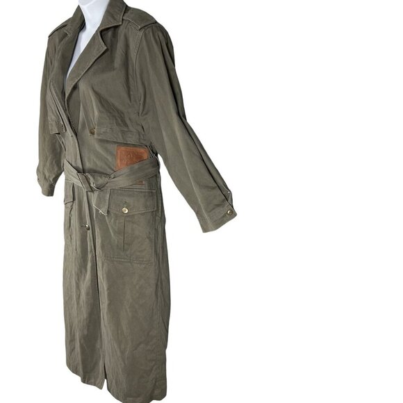 Together Women 8 Military Style Trench Coat Olive Green Leather Trim Grunge Goth - Picture 7 of 16